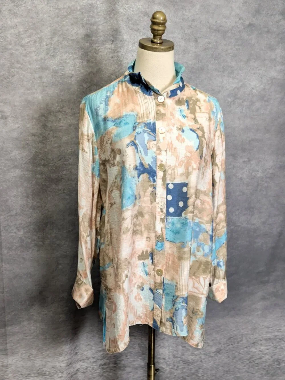 Multiples Wired Collar Tunic Size L Blue Abstract Button Front Shirt Artsy - Picture 2 of 7